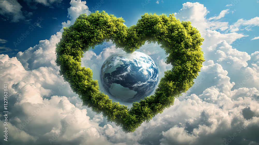 A heart-shaped tree with earth in its center, encircled by clouds and verdure. Verdure. Illustration A heart-shaped tree with earth in its center, encircled by clouds and verdure. Verdure. Illustration
