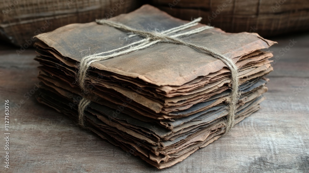 A stack of aged, tied papers, possibly manuscripts or documents, resting on a wooden surface. A stack of aged, tied papers, possibly manuscripts or documents, resting on a wooden surface.