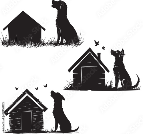 Dog stand in the window of his house Silhouette Vector