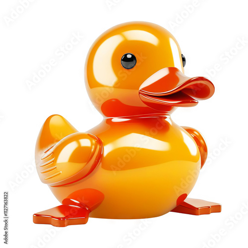 Bright orange rubber duck floating in a playful setting surrounded by bubbles and water photo