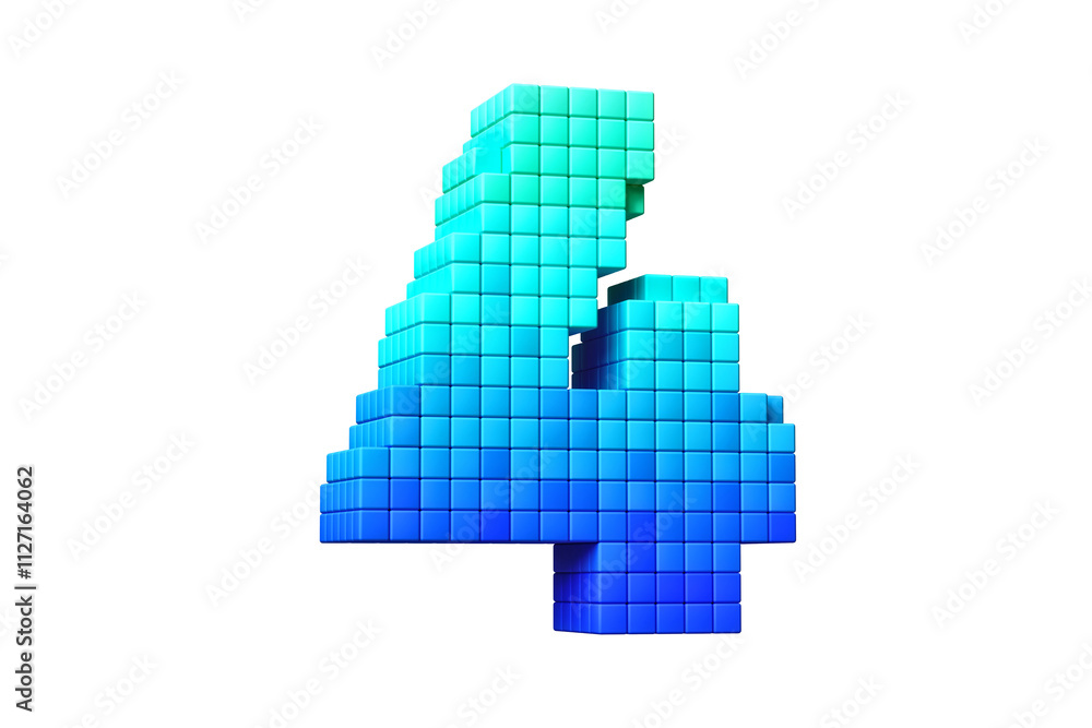 Obraz premium Pixel lettering 3D digit number 4 in blue gradient color scheme. High quality 3D rendering.