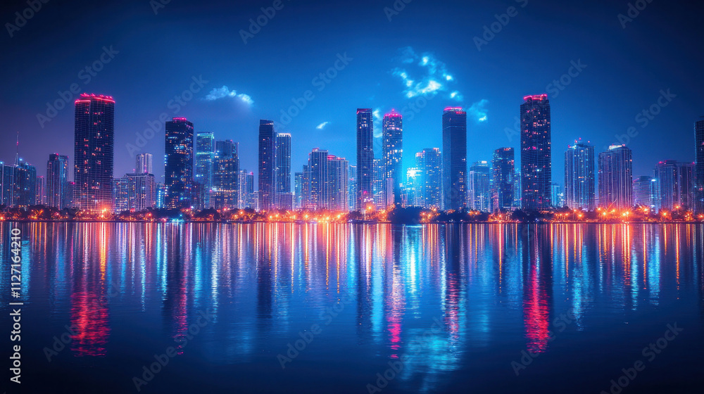 Fototapeta premium Miami skyline captured during a fireworks display, with reflections shimmering in Biscayne Bay