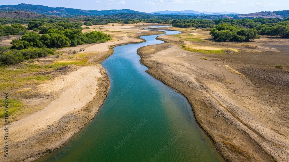 Meandering river flowing through drought-stricken landscape illustrating climate change Meandering river flowing through drought-stricken landscape illustrating climate change