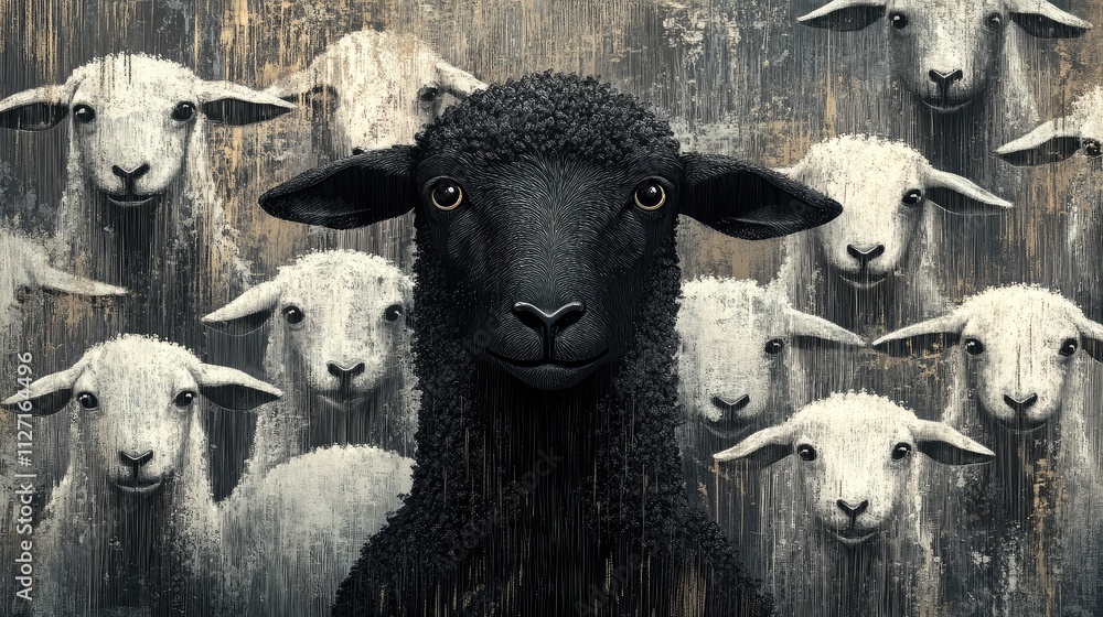 Obraz premium Artistic black sheep graphic with textured details, surrounded by smooth white sheep designs, showing uniqueness.