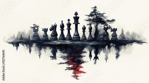 Artistic depiction of chess pieces, including the king and knights, set against abstract landscapes and minimalist backgrounds, symbolizing strategy, power, and elegance.