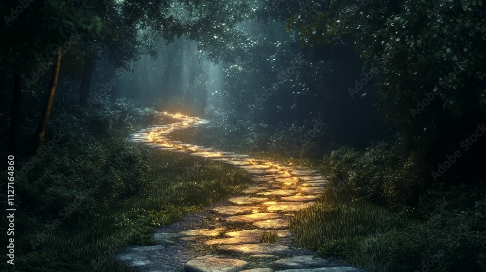 Glowing path winds through a dark, misty forest. Glowing path winds through a dark, misty forest.
