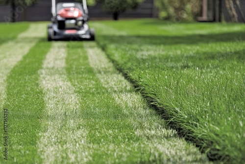 A photo of a lush green lawn with a clear pathway mowed down in the middle
