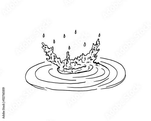 Hand drawn cartoon of a water droplet splashing with ripples