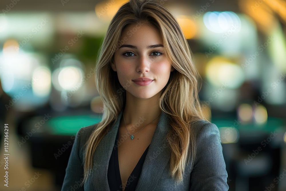 A beautiful young woman with long blonde hair, wearing a gray blazer, looks directly at the camera. A beautiful young woman with long blonde hair, wearing a gray blazer, looks directly at the camera.