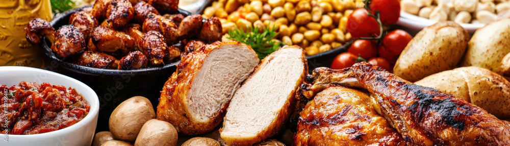 Delicious spread of roasted meats, potatoes, and assorted sides, showcasing variety of textures and flavors that create mouthwatering feast