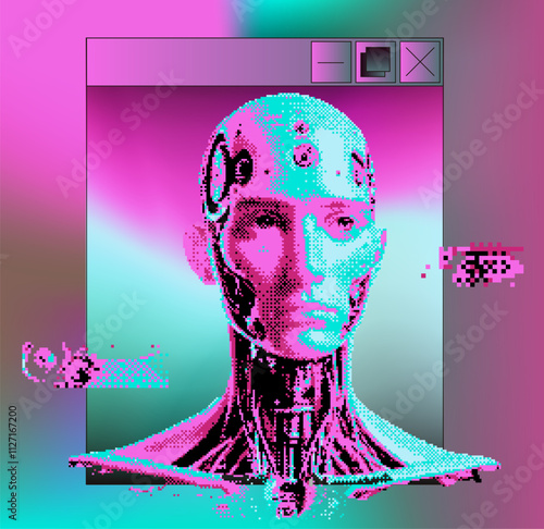 Humanoid robot face with glitchy pixel artifacts. Conceptual vector illustration of the fusion of technology and humankind.