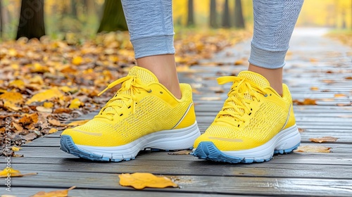 Close-up of yellow sneakers on a wooden pathway surrounded by autumn leaves. photo