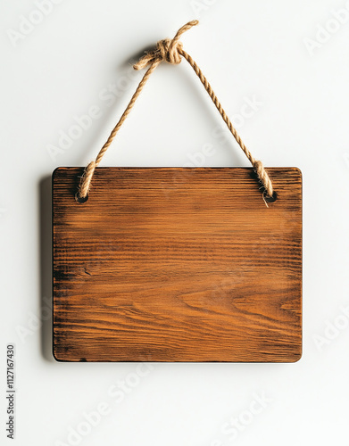 A wooden sign hanging on a rope, isolated against a white background. Detailed photograph.


 photo