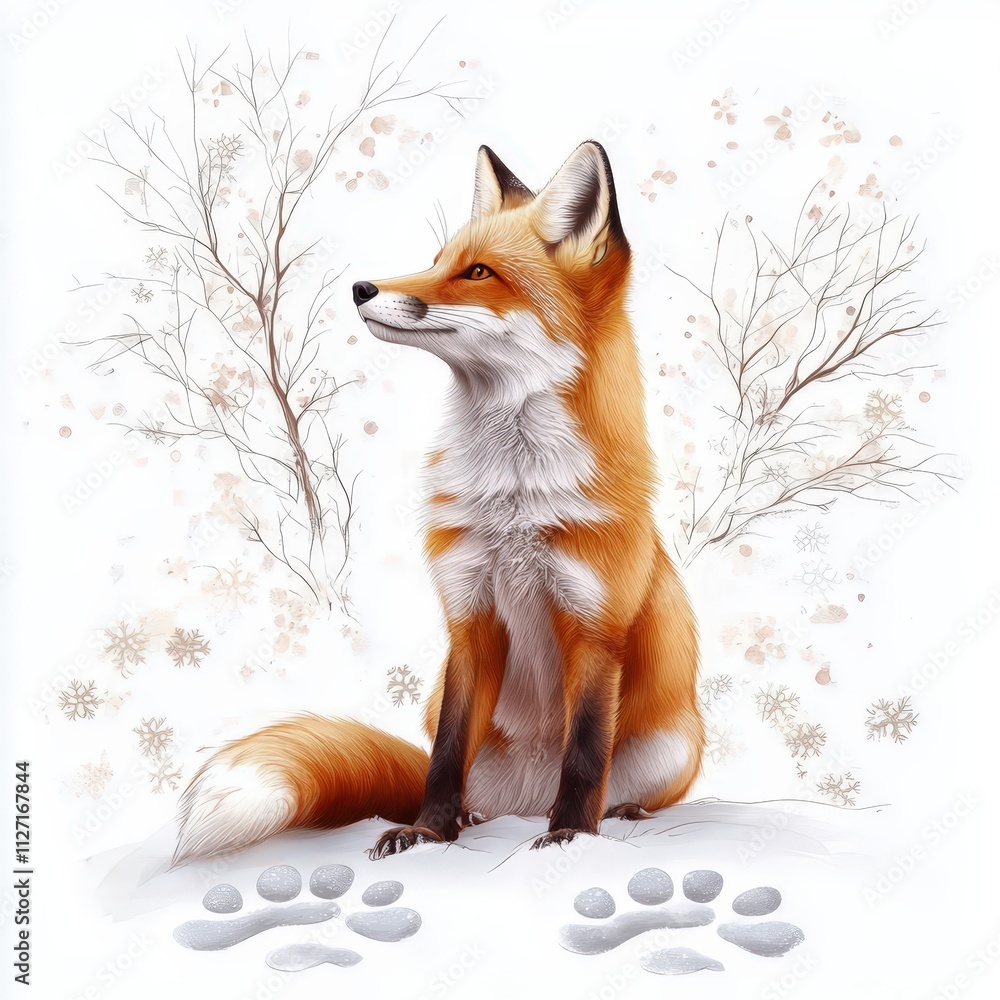 Fototapeta premium A majestic fox sitting gracefully in a winter landscape with snowflakes falling gently around it.