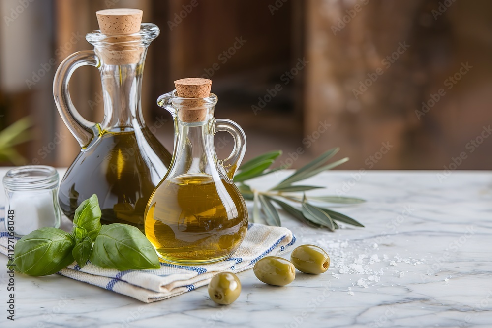 olive oil in glass bottles served with basil leaves, salt, and green olives olive oil in glass bottles served with basil leaves, salt, and green olives