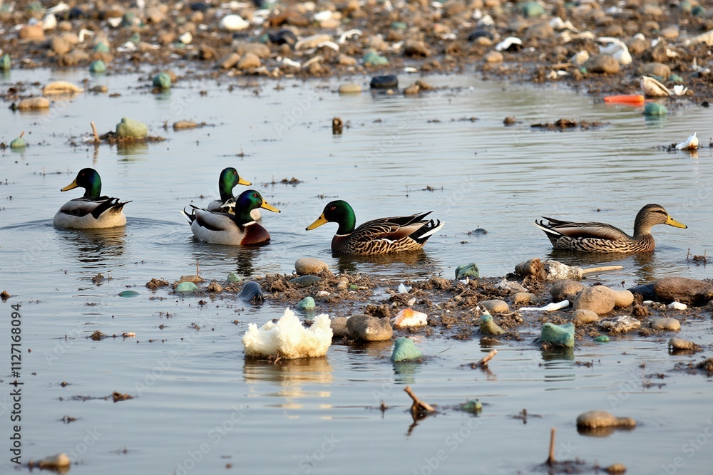 Fototapeta premium A river is heavily polluted with trash and plastic waste, with a group of ducks swimming through the debris.