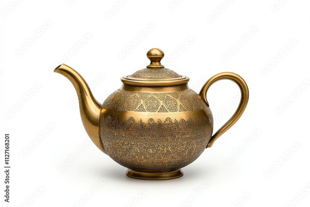golden teapot with intricate patterns, showcasing elegant craftsmanship and design. This decorative piece adds touch of sophistication to any setting