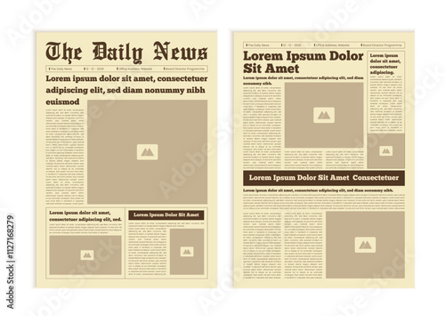 Vintage newspaper with text and image placeholder. Brochure newspaper pages with headline. Paper retro journal vector template. News articles newsprint magazine old design