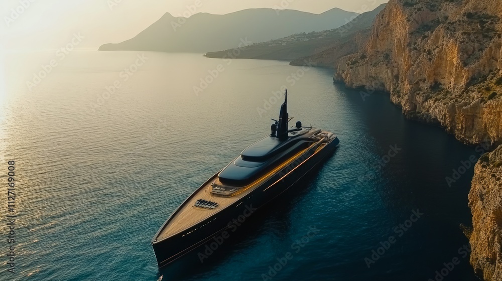 Luxury yacht at sunset, anchored near dramatic cliffs and calm sea. Luxury yacht at sunset, anchored near dramatic cliffs and calm sea.