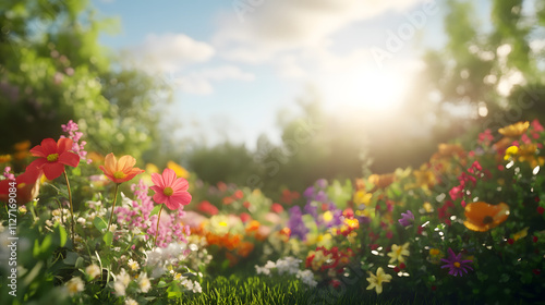 Vibrant wildflowers bloom in a sunlit meadow.