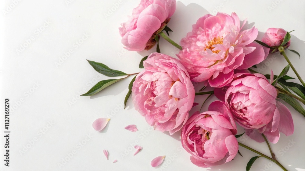 A delicate cluster of pink peonies, their petals unfurling with grace, nestled amongst verdant foliage, a symphony of soft hues against a pristine white backdrop. A delicate cluster of pink peonies, their petals unfurling with grace, nestled amongst verdant foliage, a symphony of soft hues against a pristine white backdrop.