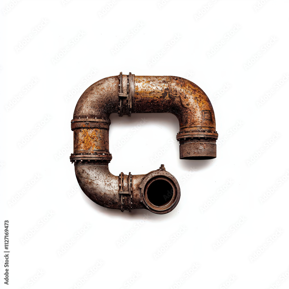 Rusty metal pipe with curved shape and visible wear, showcasing industrial design and texture. Ideal for construction or plumbing themes Rusty metal pipe with curved shape and visible wear, showcasing industrial design and texture. Ideal for construction or plumbing themes