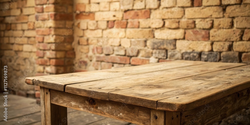 Rustic wooden table top with blurred brick wall backdrop, perfect for showcasing products, creating visual interest and adding a touch of rustic charm to your designs.