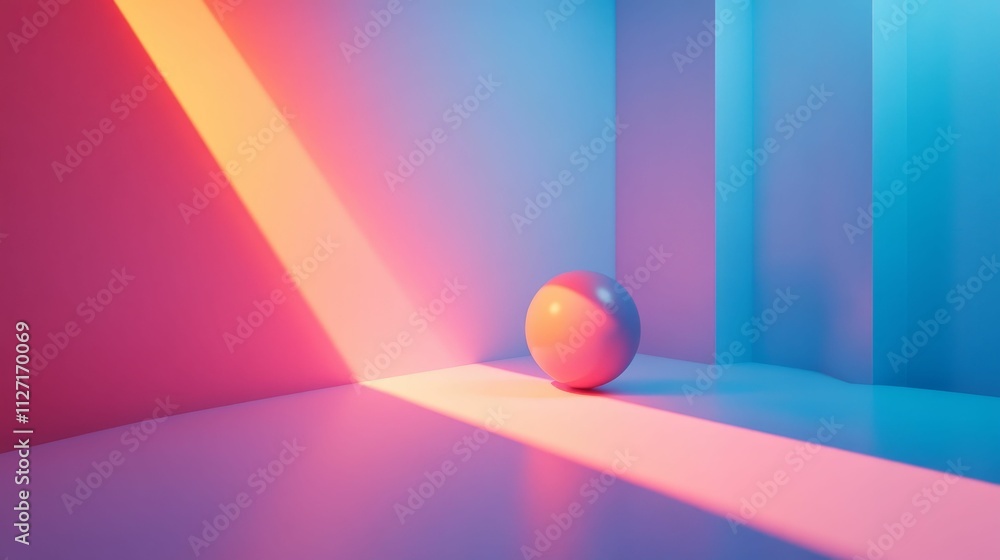 Sphere in colorful room; light beam illuminates. Sphere in colorful room; light beam illuminates.