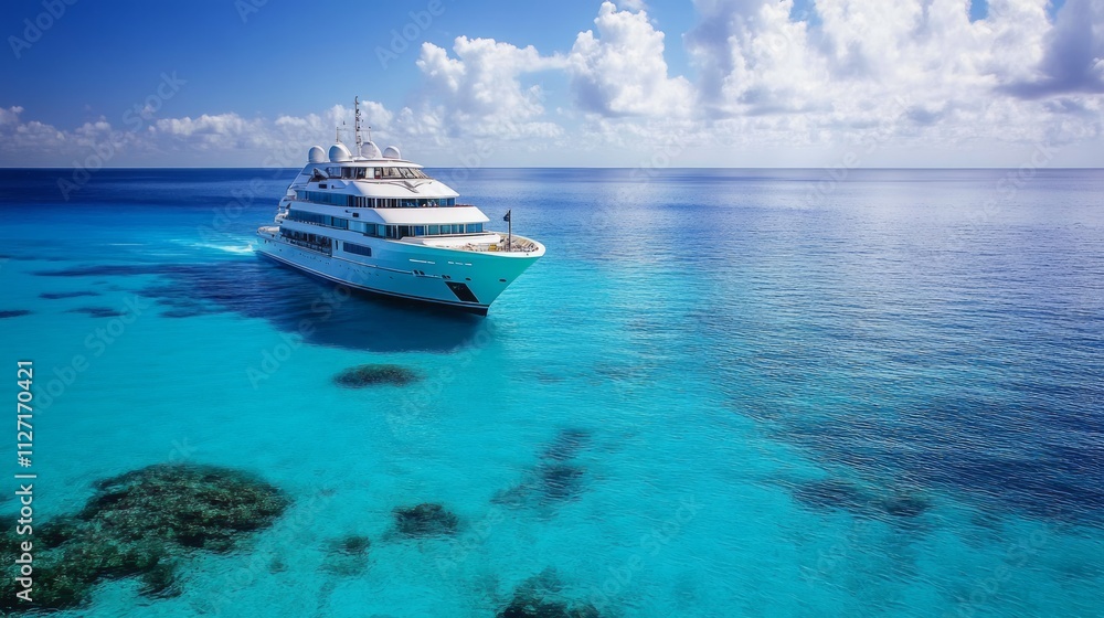 Luxury yacht cruising in turquoise ocean waters near a vibrant coral reef on a sunny day. Luxury yacht cruising in turquoise ocean waters near a vibrant coral reef on a sunny day.