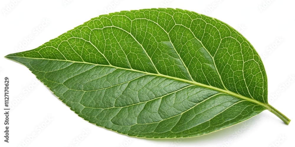 A single green leaf with intricate veins and a smooth, glossy texture, isolated on a white background. A single green leaf with intricate veins and a smooth, glossy texture, isolated on a white background.