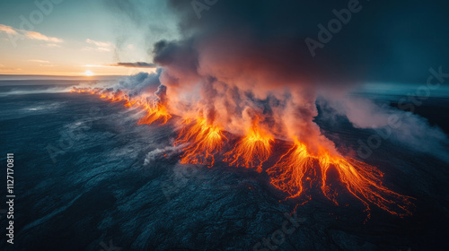 Volcano aerial photo of steam vents and hardened lava fields stretching across the terrain