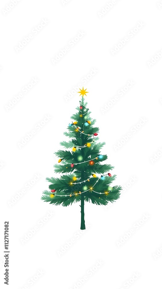 Minimalist Christmas illustration with a single pine tree decorated with fairy lights and a star on top, set on a white background Minimalist Christmas illustration with a single pine tree decorated with fairy lights and a star on top, set on a white background