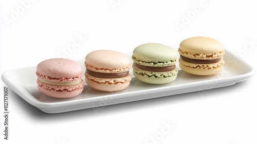 Four colorful macarons with chocolate filling on a white rectangular plate.