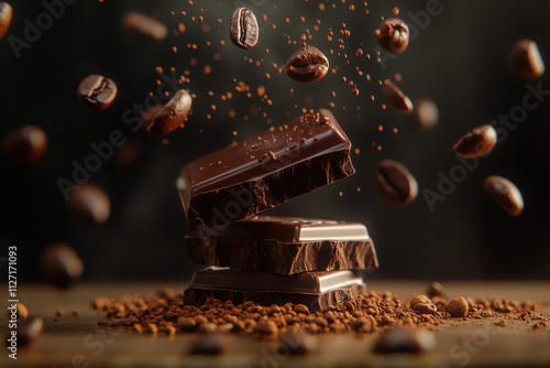 A dynamic arrangement of chocolate bars and coffee beans, highlighting indulgence and flavor. photo