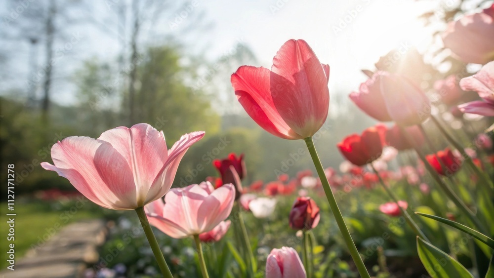 A delicate pink tulip blooms in the soft morning light, surrounded by a field of vibrant flowers, bathed in the golden glow of the rising sun. A delicate pink tulip blooms in the soft morning light, surrounded by a field of vibrant flowers, bathed in the golden glow of the rising sun.