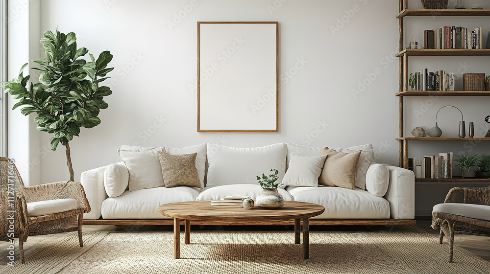 Contemporary Boho Living Room with White Sofa, Natural Wood Coffee Table, and Art Poster Contemporary Boho Living Room with White Sofa, Natural Wood Coffee Table, and Art Poster