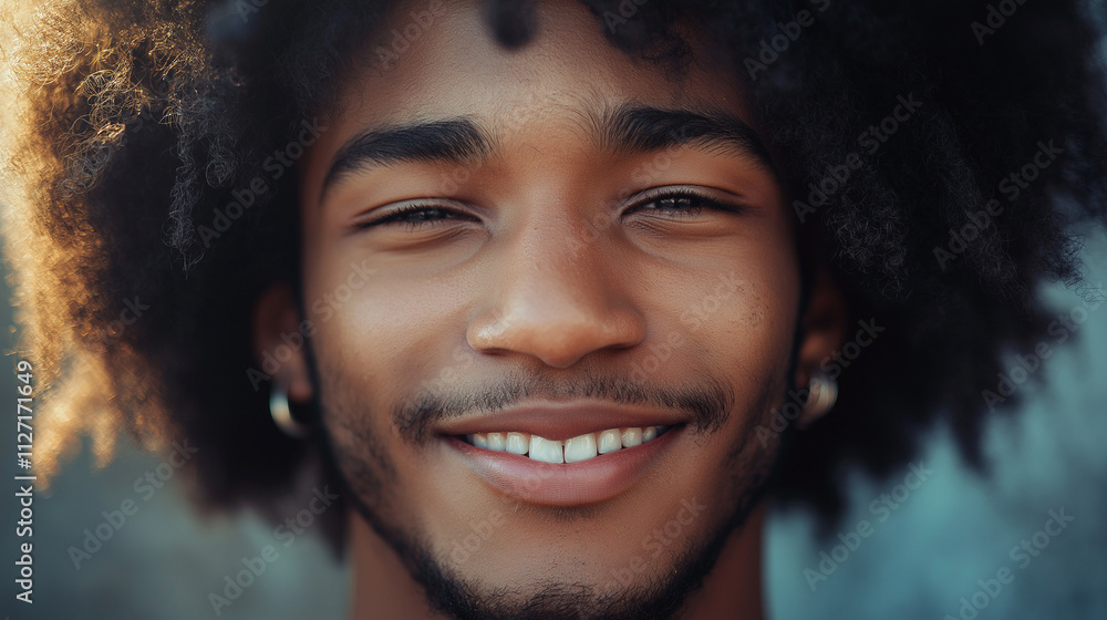 A vibrant close-up portrait of a young man with curly hair, showcasing a joyful smile and natural beauty in an outdoor setting. Perfect for themes of positivity, confidence, and youth. A vibrant close-up portrait of a young man with curly hair, showcasing a joyful smile and natural beauty in an outdoor setting. Perfect for themes of positivity, confidence, and youth.