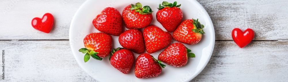 Fresh and Juicy Strawberries Arranged on a White Plate Surrounded by Heart-Shaped Decorations on Rustic Wooden Background for Culinary and Romantic Concepts Fresh and Juicy Strawberries Arranged on a White Plate Surrounded by Heart-Shaped Decorations on Rustic Wooden Background for Culinary and Romantic Concepts