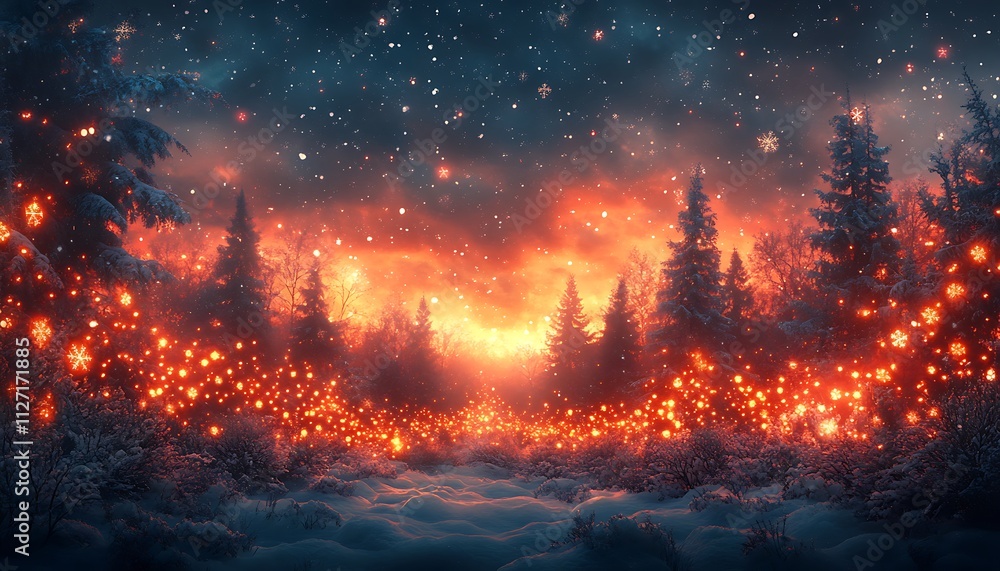 Snow-Covered Ground with Trees and Sparkling Lights. Snow-Covered Ground with Trees and Sparkling Lights.