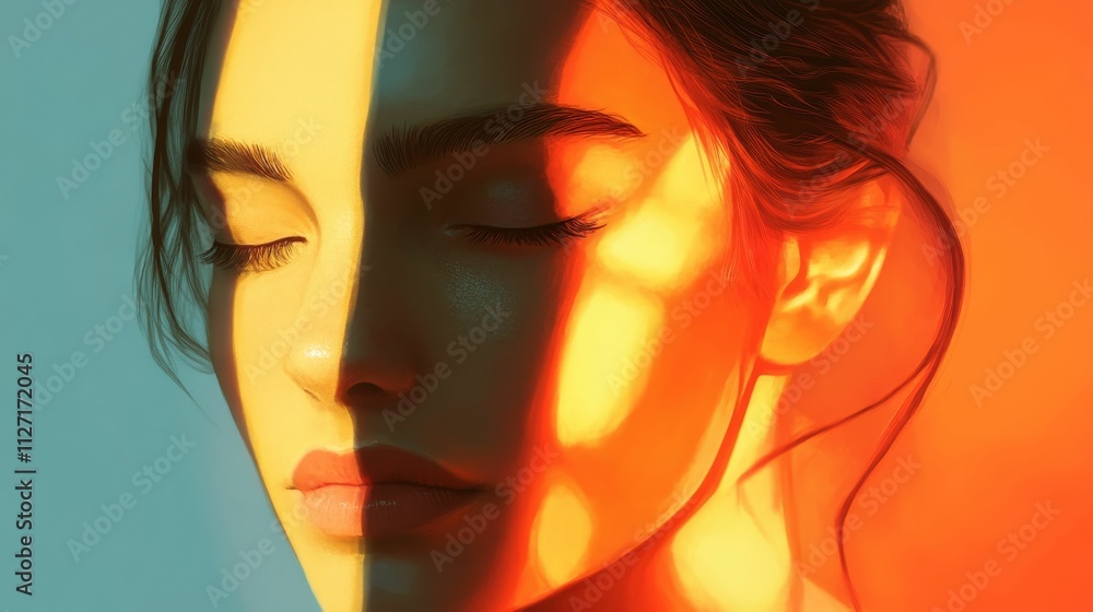 Woman's face, eyes closed, warm light, artistic rendering. Woman's face, eyes closed, warm light, artistic rendering.