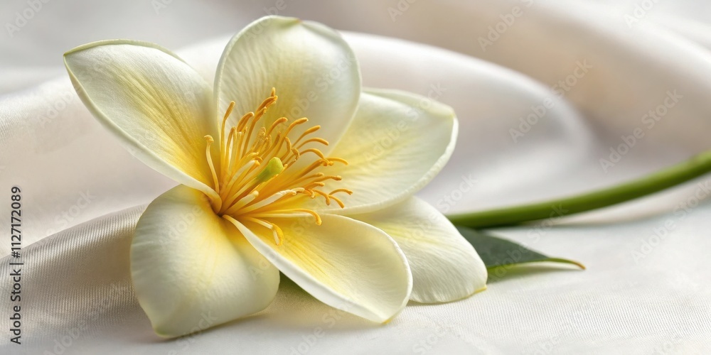Obraz premium A delicate white flower with a yellow center rests on a soft, white, silken fabric, creating a serene and minimalist composition.