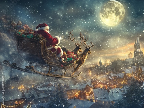 santa claus riding a sleigh in the sky at night photo