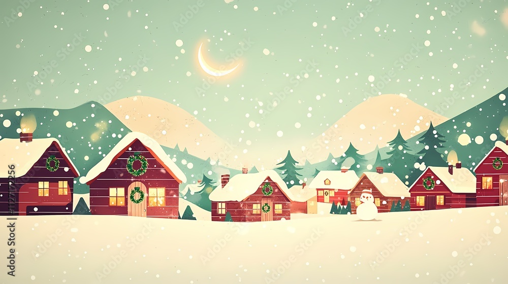 Cozy Winter Village Scene with Snow, Trees, and Charming Houses Cozy Winter Village Scene with Snow, Trees, and Charming Houses