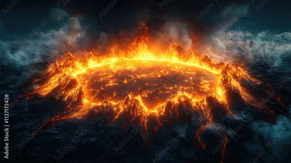 Volcano aerial view capturing molten lava rivers glowing against dark volcanic rock