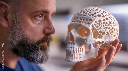 A man holds a proto-human skull model with titanium implants in the form of plates and surgical templates printed on a 3D printer. This model demonstrates the concept of biointegrated prosthetics photo