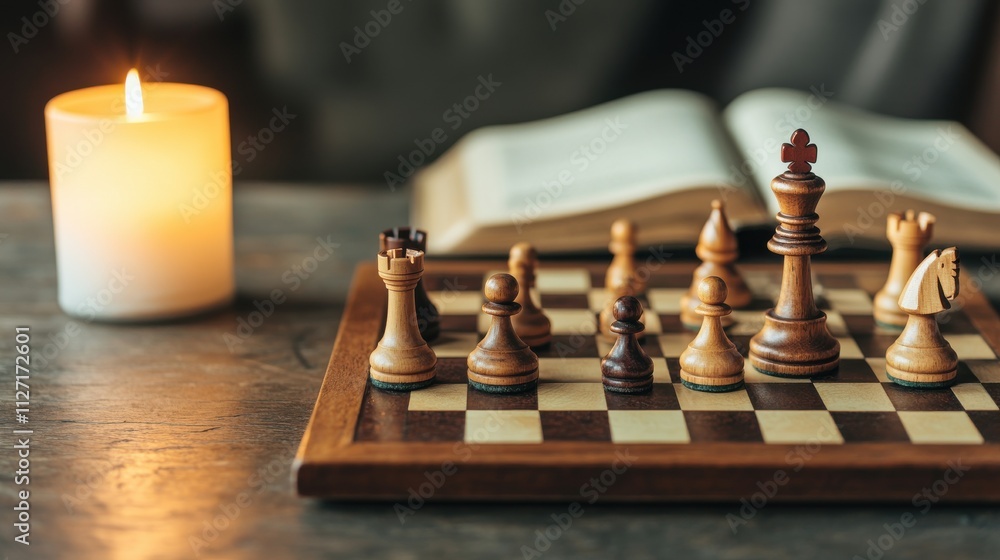 Chess Game Setup with Wooden Pieces, Open Book, and Candle on a Rustic Table, Ideal for Strategic Thinking and Intellectual Pursuits in a Cozy Atmosphere Chess Game Setup with Wooden Pieces, Open Book, and Candle on a Rustic Table, Ideal for Strategic Thinking and Intellectual Pursuits in a Cozy Atmosphere