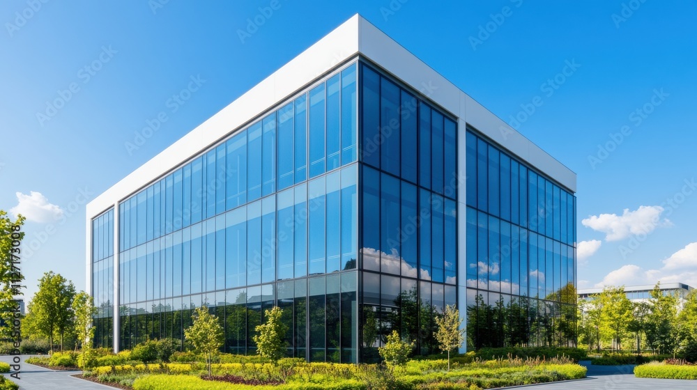 Modern Glass Building with Reflective Windows Surrounded by Green Landscape Under Clear Blue Sky, Showcasing Contemporary Architectural Design and Urban Environment Modern Glass Building with Reflective Windows Surrounded by Green Landscape Under Clear Blue Sky, Showcasing Contemporary Architectural Design and Urban Environment
