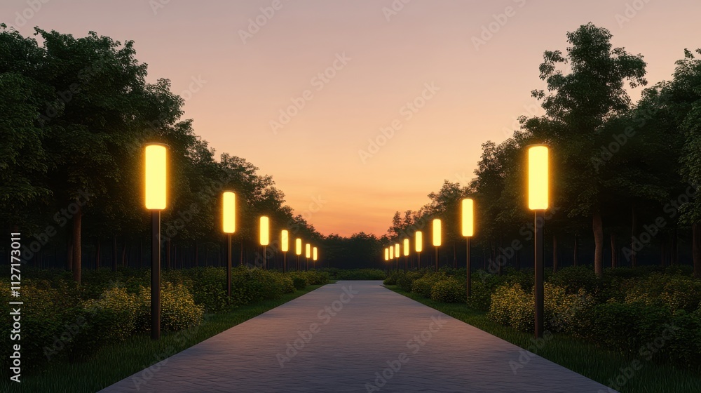 Obraz premium Serene Pathway Illuminated by Lanterns at Dusk, Surrounded by Lush Trees and Vibrant Foliage, Capturing the Tranquility of Nature's Beauty in a Peaceful Setting