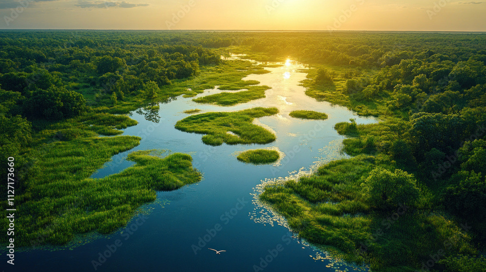 Wetlands aerial view of lush marshlands with birds flying low over reflective water pools Wetlands aerial view of lush marshlands with birds flying low over reflective water pools