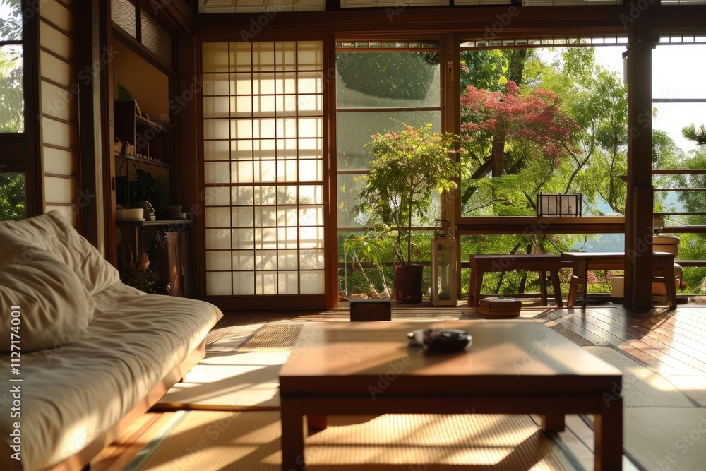Sunlight illuminates a serene japanese room featuring tatami mats, low tables, and open shoji screens, showcasing traditional minimalist design Sunlight illuminates a serene japanese room featuring tatami mats, low tables, and open shoji screens, showcasing traditional minimalist design